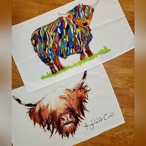2 Oversized Artist Designed Kitchen Towels Highland Cows/Coos 100% Cotton U.K.